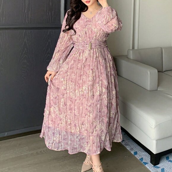 Pink Elegant Women's Plus Plus Size Floral Pattern V-Neck Lantern Sleeve Dress - Picture 7 of 8